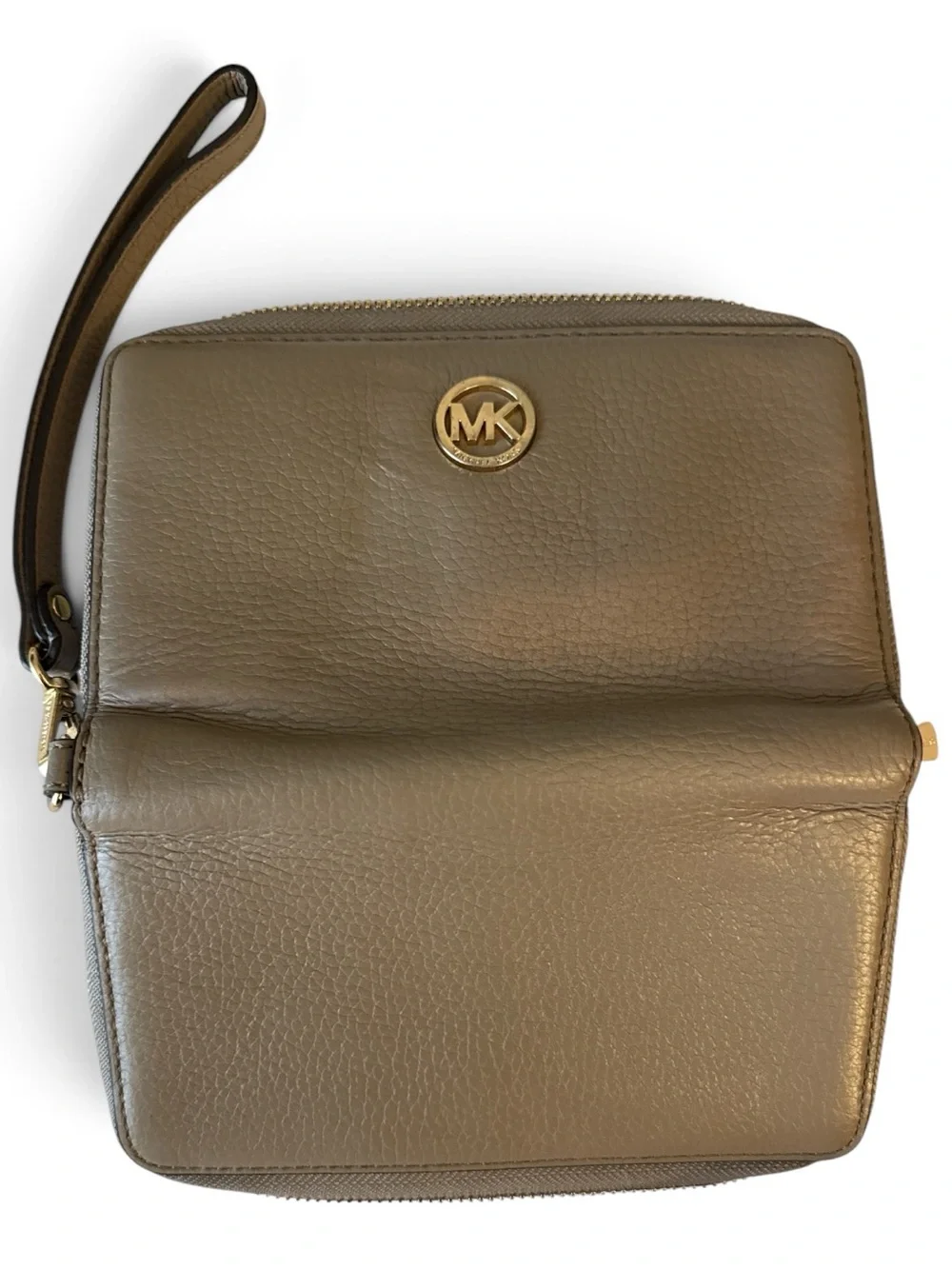 Michael Kors Olive Leather Zip Wristlet with Gold MK Medallion